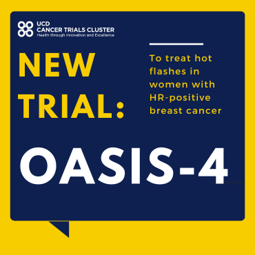 Image of a speech call out with the words 'new trial:  oasis-4. to treat women with hot flushes'